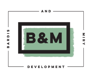 Bold letters B & M on a green background, surrounded by the words Bardis and Miry Development