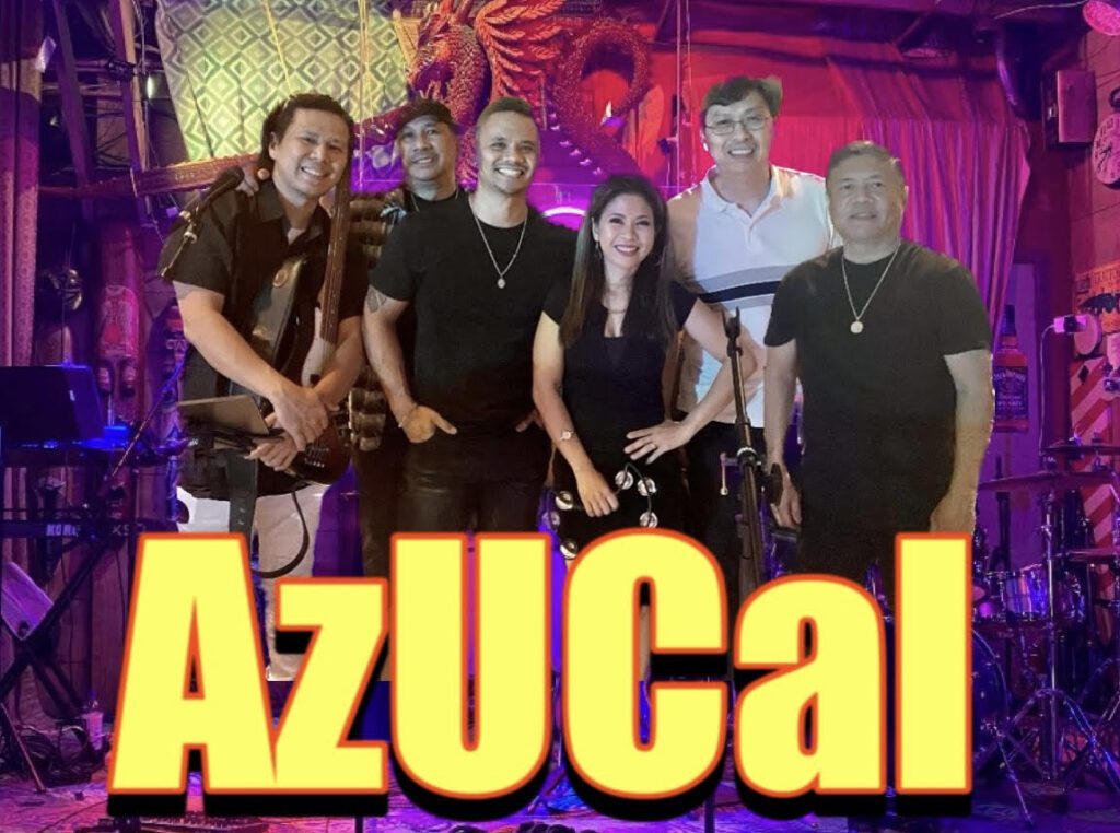 band members pose together, with name "AzUCal" superimposed in yellow on the image