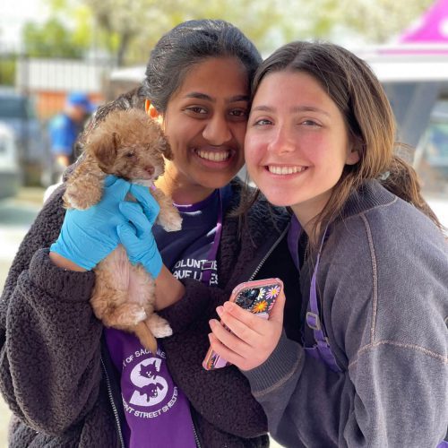 Vaccine clinic volunteers with puppy